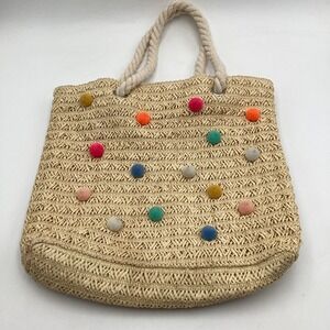 Straw Beach Tote Bag Multi Color Pom Pom Rope Handle Beige